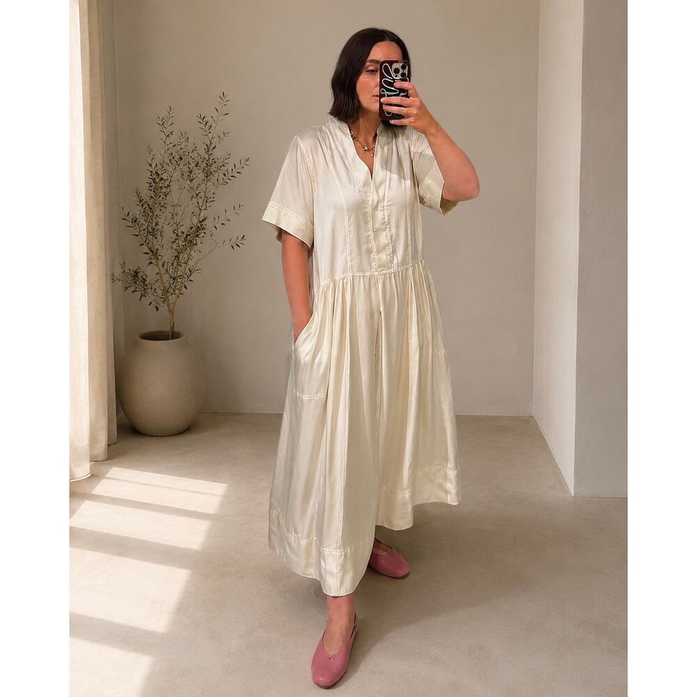 Lee Mathews Relaxed Satin Poplin Midi Dress Ivory Pockets Sz 1/ US 4 Minimalist